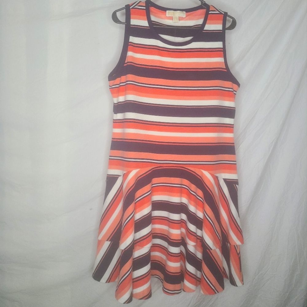Michael Kors XL woman's knee length dress Coral and navy blue striped. New